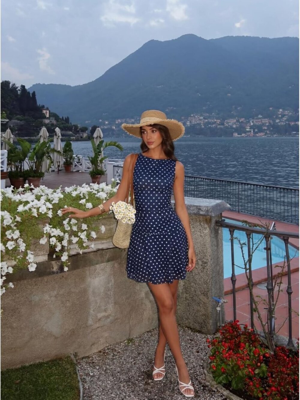 〽️Women Blue Polka Dots Casual Boat Neck Sleeveless Mesh Ruched Waist Mini Dress